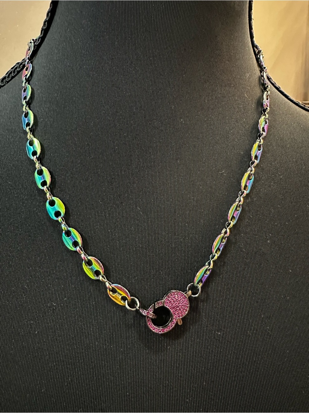 Iridescent (Mystic) Chain Necklace with Pink Pave Clasp by Melania Clara